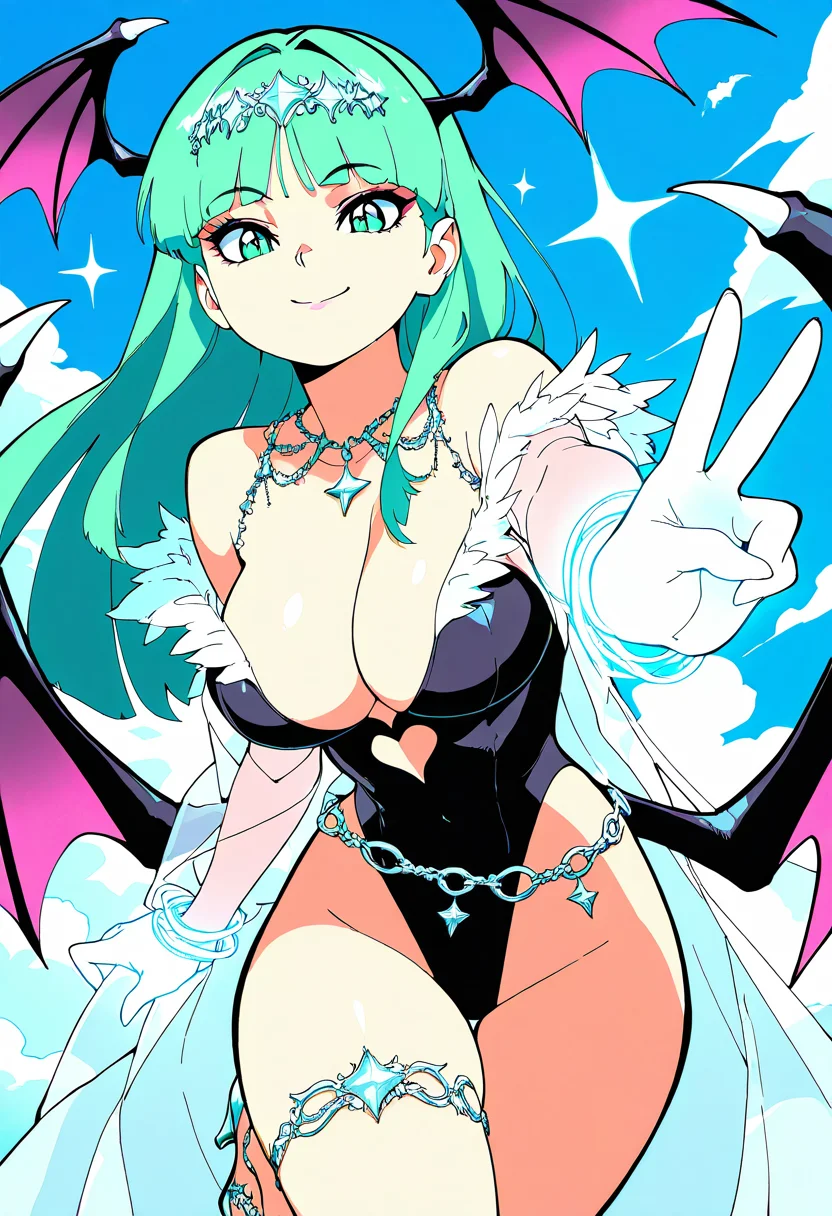 masterpiece, best quality, solo, curvy, beautiful eyes, narrow waist, wide hips, 1girl, solo, smile, looking at viewer, dynamic angle, foreshortening, close up,     zzMorrigan, green eyes, green hair, long hair, blunt bangs, head wings,  bat wings, low wings,  ,<lora:MorriganAenslandCSV_IXL_v1:0.5>,  [Aetherial Enchanter], transparent robe with shimmering silver edges, sparkling gemstone belt with star charms, soft glowing gloves, ethereal sandals with crystal heels, starry diadem floating above, mist and magic swirling around, astral plane backdrop with nebulae and floating stars, hands weaving unseen forces,