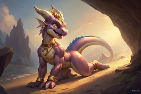 feral scalie, female, (kobold:1.3), detailed pink scales, detailed scales, intricate scales, ((small breasts)), (nude), (detailed face), (detailed eyes), (big eyes:0.5), claws, open mouth, grin, (fangs), dragon,
cute, young, muscular, athletic, elegant, beautiful, claws, (slit pupils), bright eyes, expressive eyes, (chubby:0.5), (plump:0.5), smiling, happy,
all fours,
<lora:dragon:0.1>, 
<lora:spyro:0.3>,
<lora:Tangbohu Detail Tweaker:-0.7>,
<lora:nanachi:0.5>,
by darkgem, by thesecretcave, by silverfox5213, 
(golden bracelet, golden anklet, golden necklace, golden earrings, iridescent gold, collar, golden tiara), 
noon, sunlight, on a beach,
(ambient light on the body), 
Ray tracing, concept art, highly detailed, (hi res), ((masterpiece)), ((best quality))  cinematic composition, ultra realistic, 4k, (high detail:1.3), sharp focus