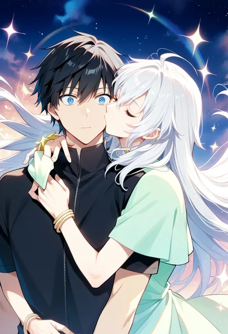 score_9,score_8_up,score_7_up,source_anime, daisy_(big_order),1girl,long hair,blue eyes,black hair,1boy,jewelry,closed eyes,white hair,hetero,bracelet,sparkle,hug,cover,couple,kiss,surprised,hug from behind,kissing cheek