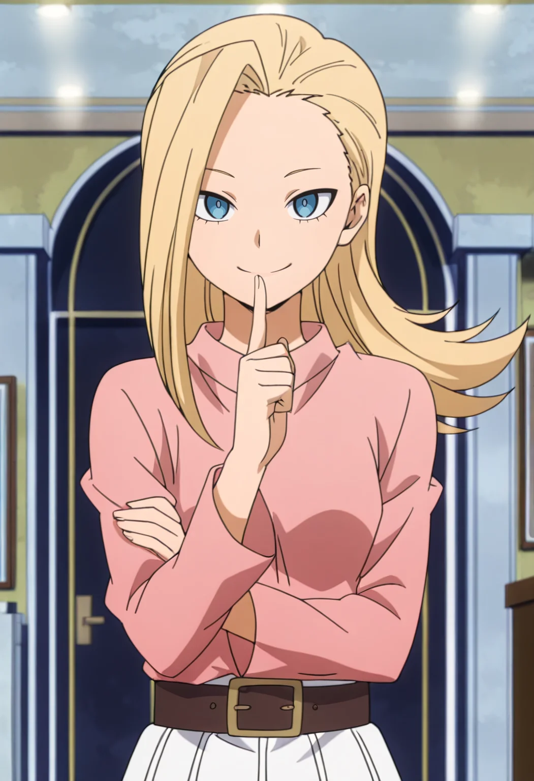 absurdres, masterpiece, best quality, very aesthetic, 1girl, p1x13, blonde hair, long hair, blue eyes, normaloutfit, pink shirt, long sleeves, brown belt, white skirt, long skirt, crossed arms, finger to mouth, smile, looking at viewer, indoors, anime screencap, upper body, solo, <lora:Pixie_Bob-My_Hero_Academia-ilibibu-IL-v1:1>