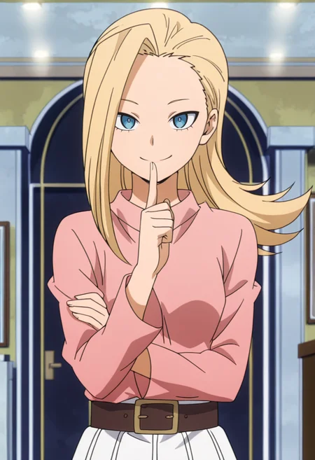 absurdres, masterpiece, best quality, very aesthetic, 1girl, p1x13, blonde hair, long hair, blue eyes, normaloutfit, pink shirt, long sleeves, brown belt, white skirt, long skirt, crossed arms, finger to mouth, smile, looking at viewer, indoors, anime screencap, upper body, solo, <lora:Pixie_Bob-My_Hero_Academia-ilibibu-IL-v1:1>