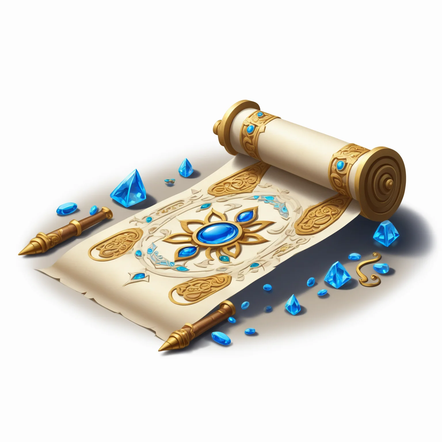 (((masterpiece))),(((best quality))),((ultra-detailed)),solo,isometric,
WAM_bd,solo,
An ancient parchment scroll, with golden mysterious symbols drawn on it, and blue gemstones inlaid at both ends,,
(white background, simple background:1.5),fantasy art,
<lora:WAMå»ºçæ¨¡å:0.8>