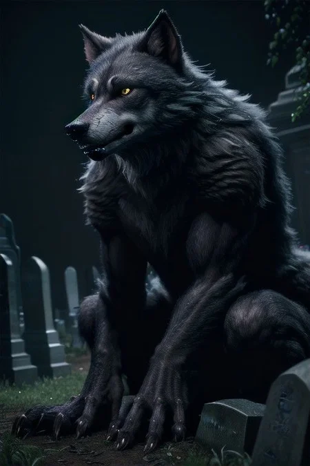 Photo of werewolf, night, cemetery, hyper-realistic, ultra-detailed, insanely detailed, 4k, realistic 8k, shot on portra 400