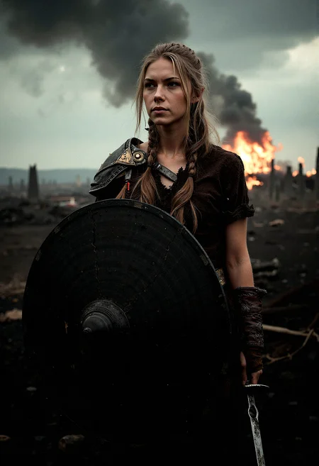 A portrait of a Viking shieldmaiden standing amidst the ruins of a once-great village, now reduced to ashes and rubble. Her face is hardened, eyes scanning the horizon with a mixture of sorrow and steely resolve. She holds her shield close to her body, its surface charred and cracked, and her other hand rests on the hilt of a sword. Her armor is scorched, and her braids are singed, but she stands tall, embodying the unbreakable spirit of a survivor. The background is filled with the remnants of smoldering buildings, with the sky above heavy with dark, swirling clouds.
