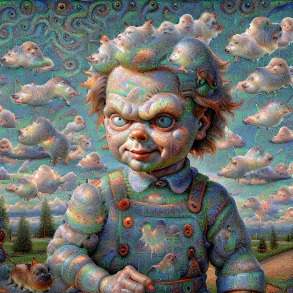 <lora:DeepDream2:1> chucky,   clouds blue sky (((DeepDream2)))