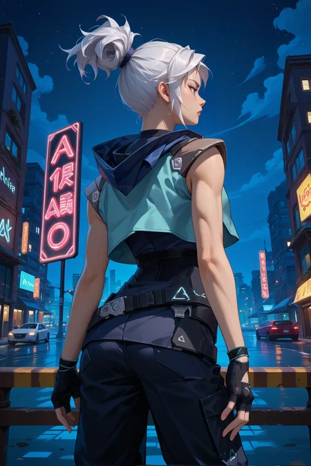 score_9, score_8_up, score_7_up, score_6_up, source_anime, 1girl, solo <lora:valorantjett-pdxl-nvwls-v1-000005:1> valJett, white hair, short ponytail, blue jacket, sleeveless, cropped jacket, black bodysuit, belt, black pants, black gloves, fingerless gloves, night, city, neon signs, from behind