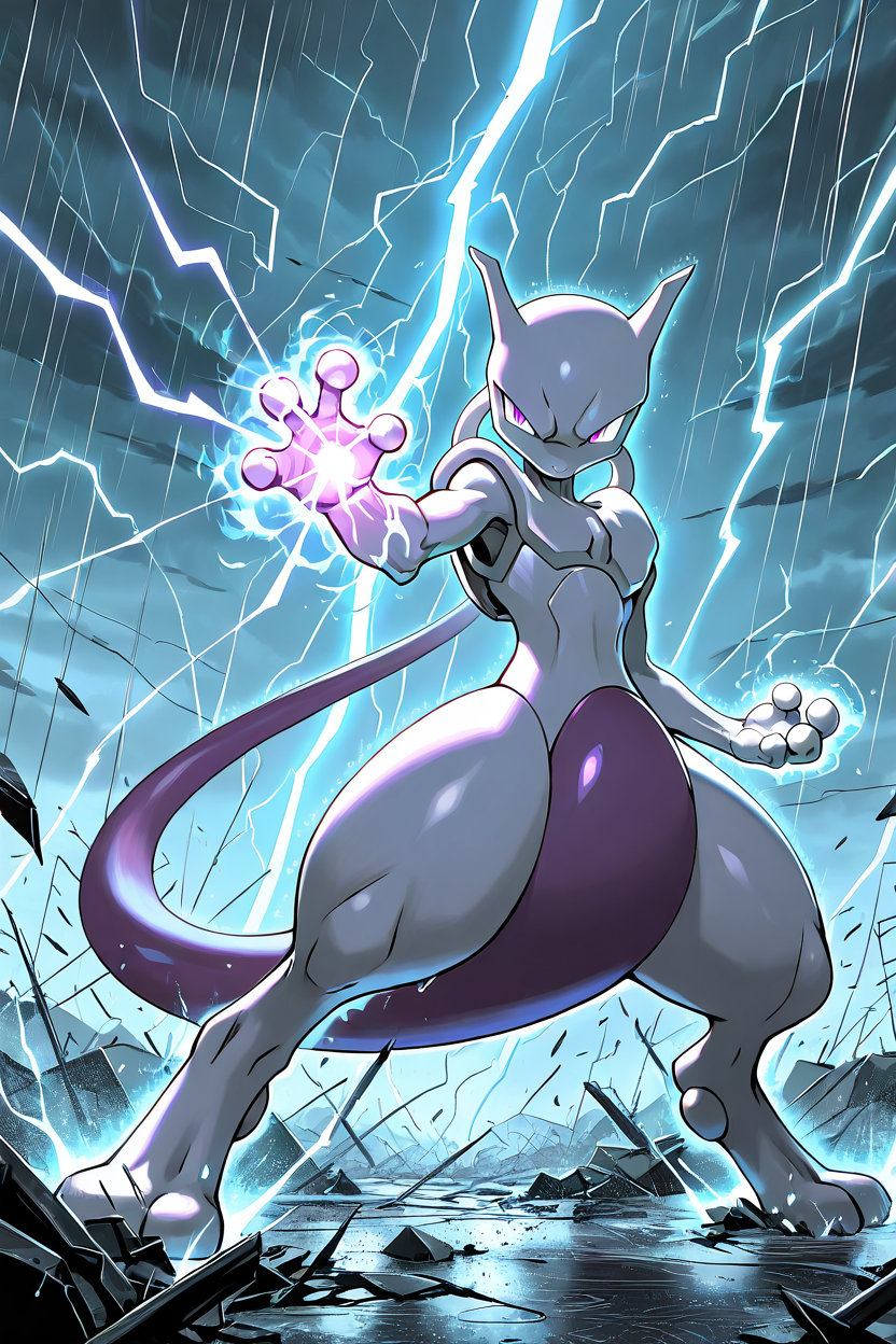 masterpiece, best quality,    <lora:MewtwoPokedexIXL:1.0>,  zzMewtwo, solo, no humans,   standing in the rain, stormy sky, glowing psychic aura, charging energy, lightning bolts, dynamic pose, intense gaze, swirling wind, destroyed battlefield, cinematic lighting, dramatic scene