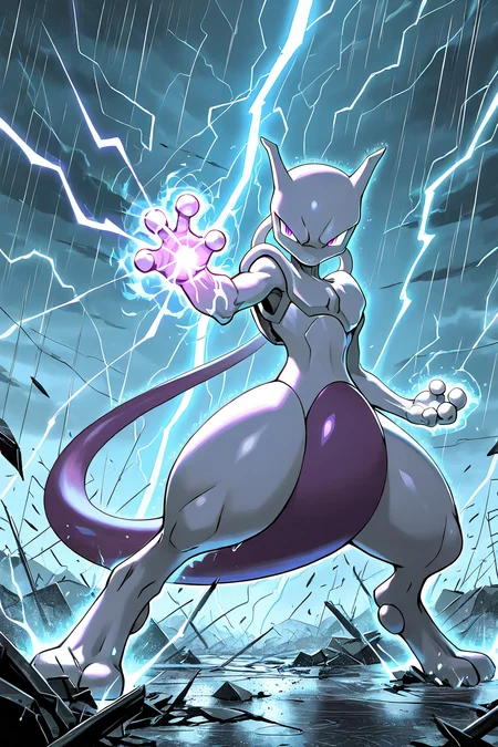 masterpiece, best quality, <lora:MewtwoPokedexIXL:1.0>, zzMewtwo, solo, no humans, standing in the rain, stormy sky, glowing psychic aura, charging energy, lightning bolts, dynamic pose, intense gaze, swirling wind, destroyed battlefield, cinematic lighting, dramatic scene