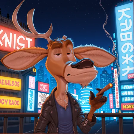 elliot the deer, masterpiece, best quality, by gerrkk, by narse, by kuma, front view, city background, bust portrait, closed mouth, half-closed eyes, smoking, (holding cigarrete:1.1), black jacket, blue shirt, (3 fingers:1.1), hooved fingers
<lora:Elliot (Open Season) - NoobAIXL:1>