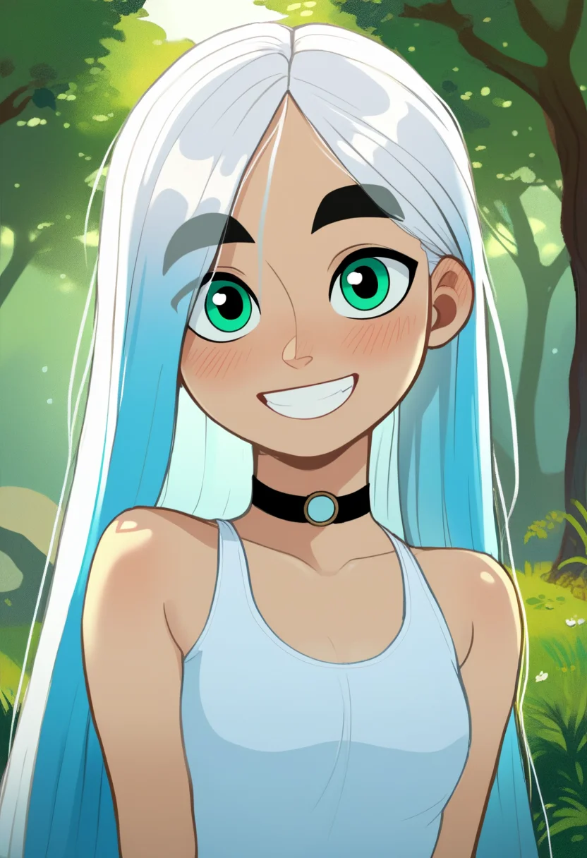 score_9, score_8_up, score_7_up, score_6_up, score_5_up, 1girl, solo,
<lora:Aisling (Secret of Kells) - Gnsisir Style:1.0>
Aisling_Gnsisir, (multicolored hair, silver hair,), very long hair, very green eyes, pale skin, white skin, thick eyebrows, 1girl,
choker, grin, teeth, short dress,
seductive pose,
outdoors, (detailed background), forest, rock, trees,
looking at viewer, coy smile, flirtatious look,
sultry expression, blush,