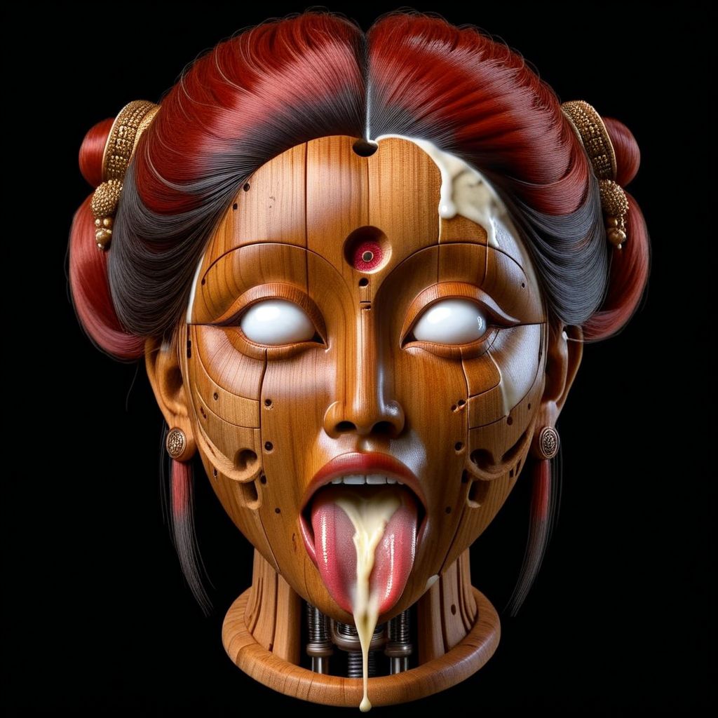 <lora:Kali_Yuga_Kali:1> kali,  indian woman,  big white eyes, wooden face,  smile,  tongue out, cum on tongue, black background, simple background, ceramic face , red hair,