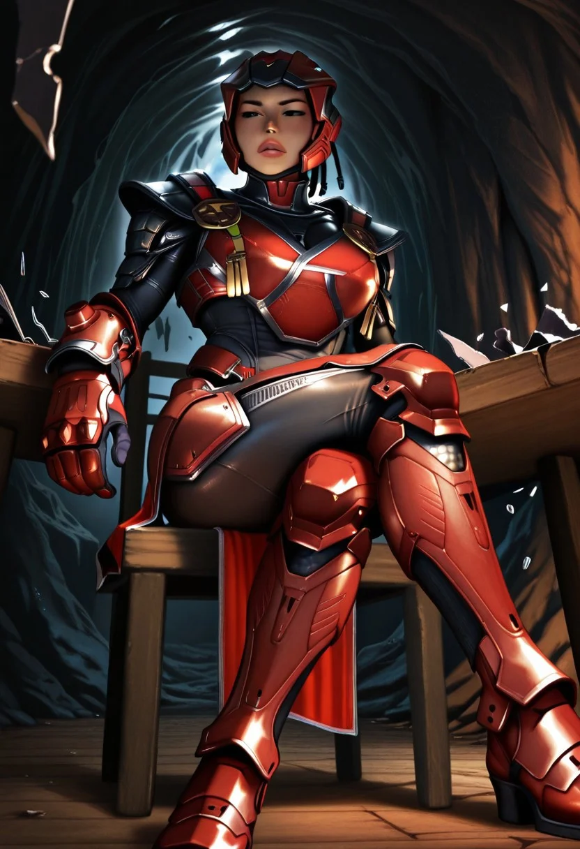 sektor, Helmet, black eyes, lips, Black bodysuit, shoulder armor, breastplate, gauntlets, gloves, leg armor, pelvic curtain, armor boots, large breasts, sitting on chair, crossed legs, from below, indoor abandoned cave, brown floor, broken chairs, black walls, tables chairs,