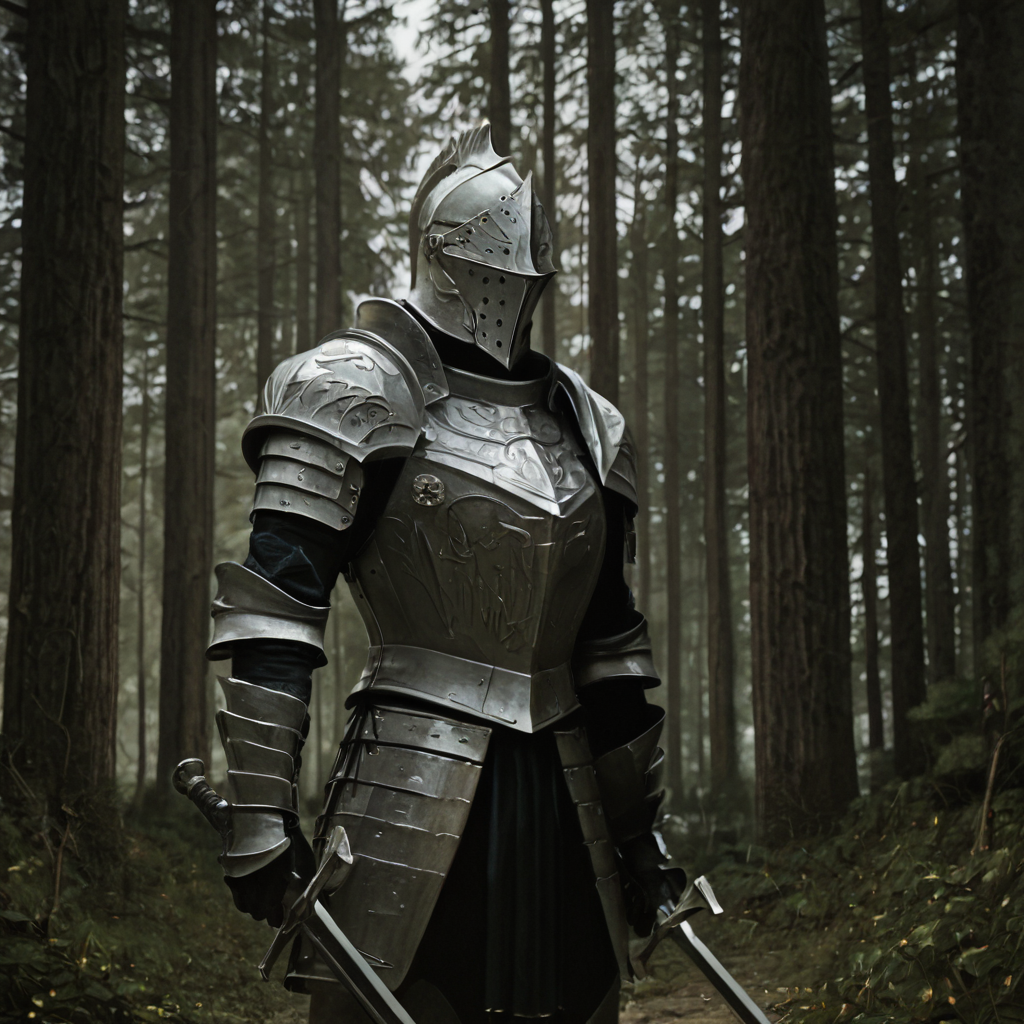 sfw, masterpiece, best quality,absurderes,photo,realistic,source_photo,outdoors,forest,trees,bushes,1boy,solo,knight,armor,holding sword, standing,helmet,<lora:Reallustrious_Beta2:0.8>