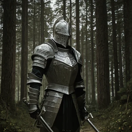 sfw, masterpiece, best quality,absurderes,photo,realistic,source_photo,outdoors,forest,trees,bushes,1boy,solo,knight,armor,holding sword, standing,helmet,<lora:Reallustrious_Beta2:0.8>