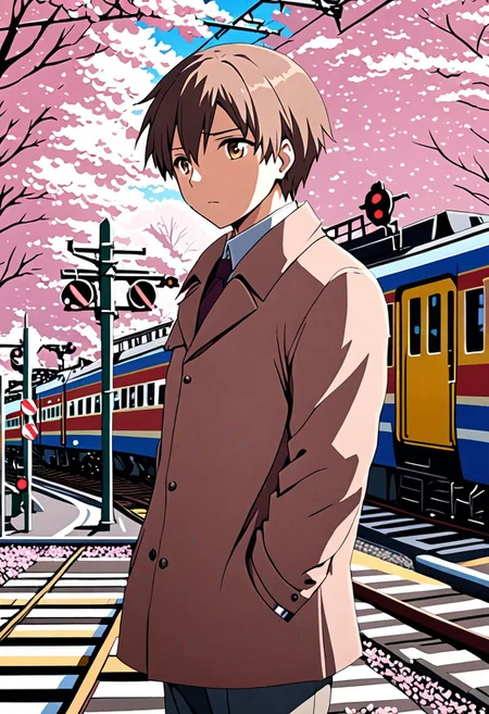 high resolution, solo, best quality, 1Boy, Takaki Toono, Brownish Hair, Brown Eyes, Train Crossing, Sakura, Cherry Blossom, OverallDetail