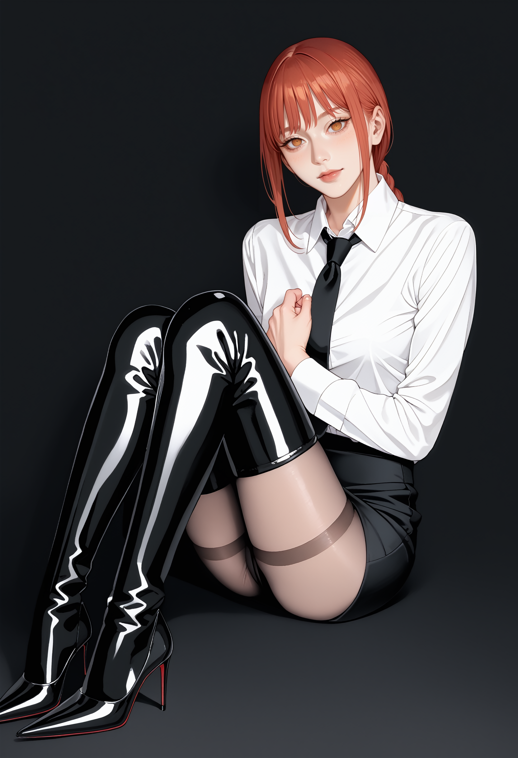 score_9,score_8_up,score_7_up,1girl,solo,makima \(chainsaw man\),white collared shirt,necktie,black pencil skirt,pantyhose,pantyhose under boots,looking at viewer,<lora:IzayoiLycoXL:0.8>,<lora:OBLK-000001:0.85:lbw=CLOTHE>,oblk,(thigh boots:1.2),stiletto heels,high heel boots,black footwear,shiny footwear,pointy footwear,
BREAK
nightclub,dark atmosphere,mysterious,seductive,glamorous,soft lighting,high contrast,intricate design,sharp focus,minimalistic background,