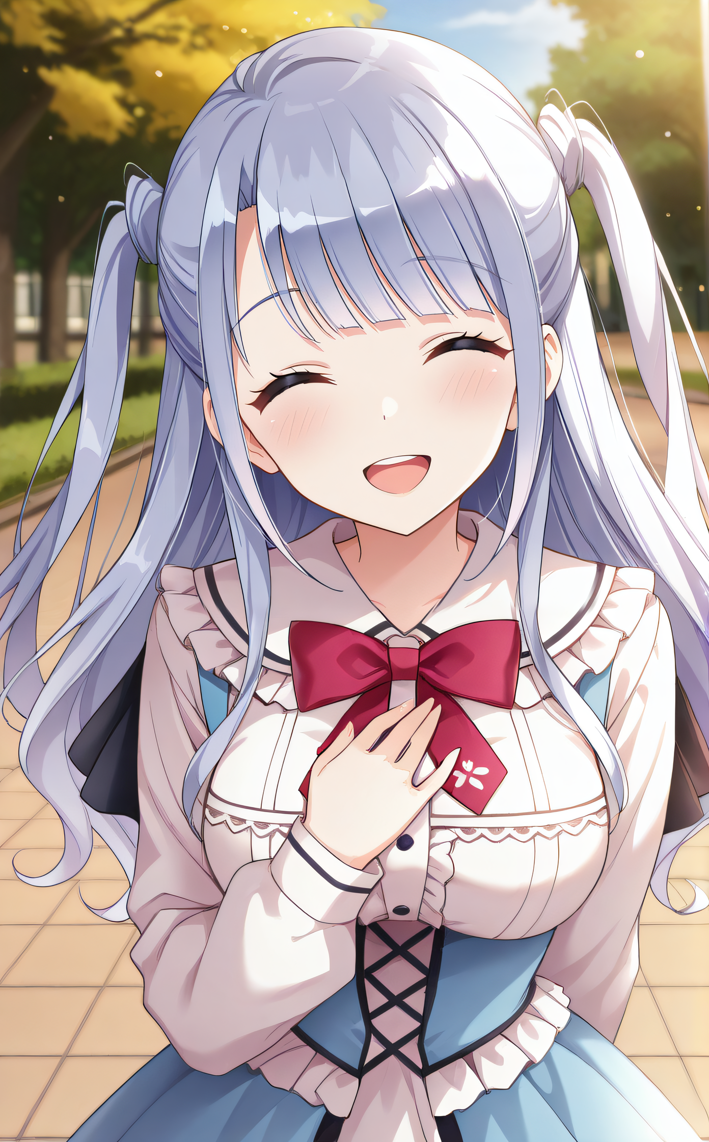 masterpiece, best quality, highres, newest, scenary, 1girl, solo, official style, <lora:Ougi_Ichika:1>, ichika, long hair, two side up, dress, frills, school uniform, long sleeves, looking at viewer, smile, outdoor, upper body, hand on chest, upper teeth, closed eyes