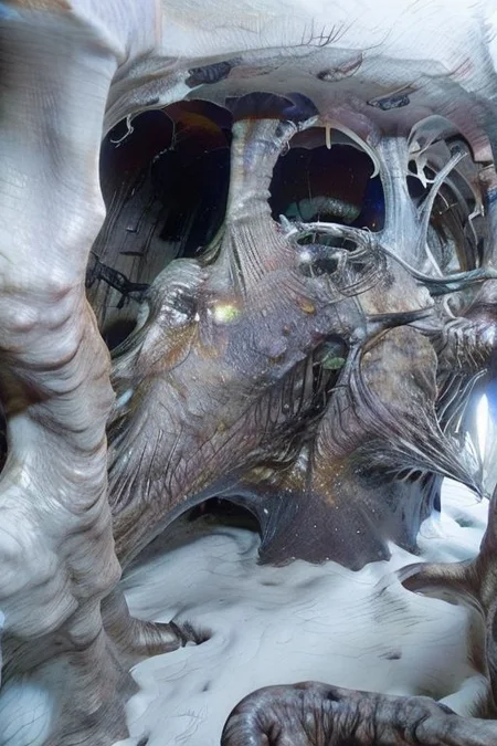 a mystical abstract organism that create a medieval knight armor in a dark and strange cave,dark, horror, obscure, mystic, mystical, splatter, organic, realistic, real, hyper realism