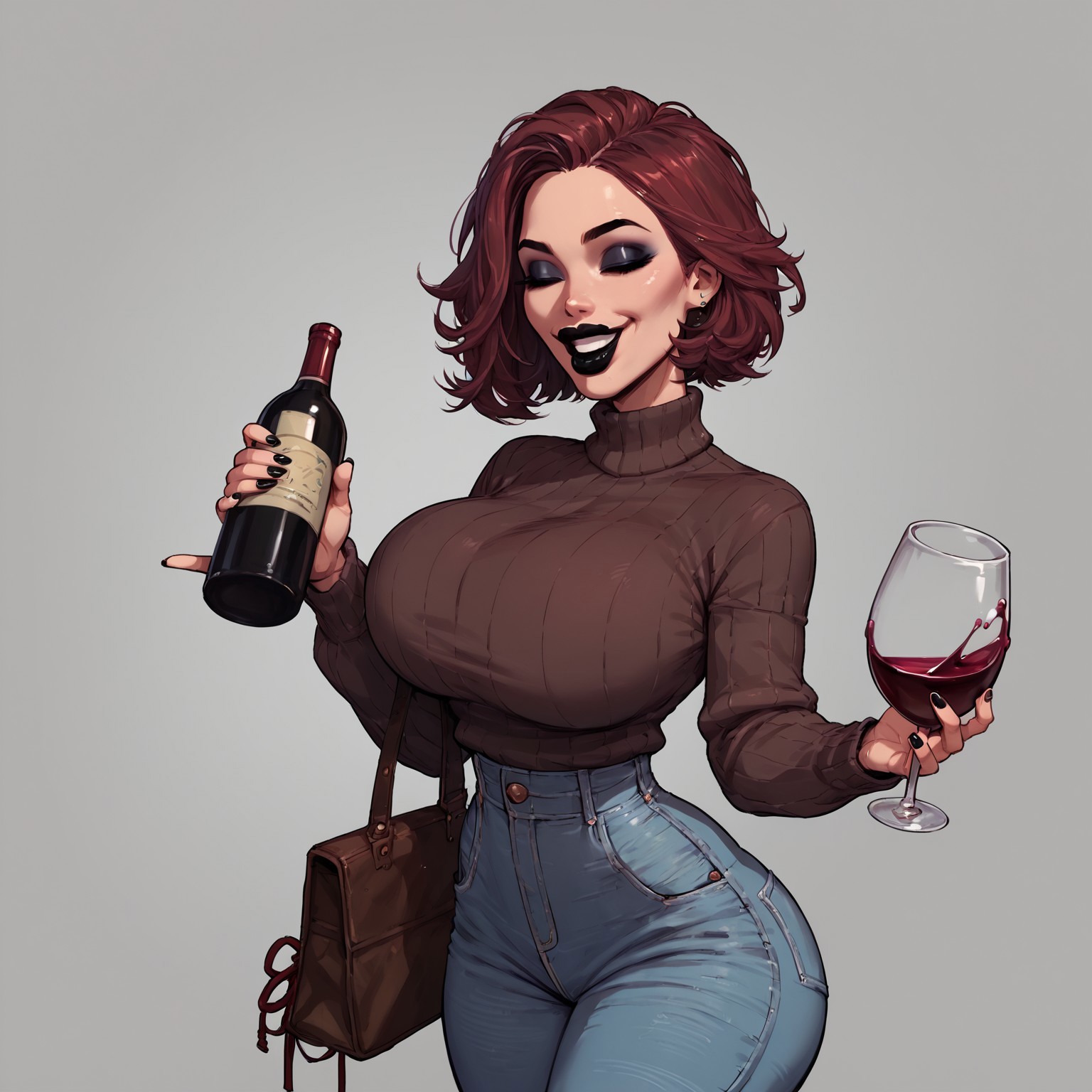 safe_pos, safe_pos, score_9,score_8_up,score_7_up,score_6_up, Expressiveh, solo, short girl. Narrow waist. Short waist. Short. Massive breasts. Maroon hair. Black lipstick. Huge lips. Full lips. Makeup. Eyeshadow. Laughing. Jeans. Sweater. Holding a beer. Holding a glass of wine.
