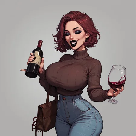 safe_pos, safe_pos, score_9,score_8_up,score_7_up,score_6_up, Expressiveh, solo, short girl. Narrow waist. Short waist. Short. Massive breasts. Maroon hair. Black lipstick. Huge lips. Full lips. Makeup. Eyeshadow. Laughing. Jeans. Sweater. Holding a beer. Holding a glass of wine.