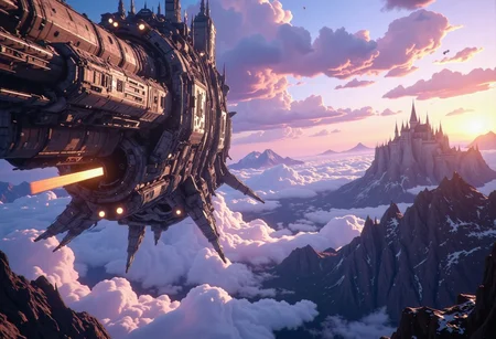 A breathtakingly intricate massive spaceship hovers majestically in the twilight sky above a vast mountainous valley. Its design is a fusion of advanced futuristic technology and ornate, almost cathedral-like detailing, with glowing energy lines tracing elegant patterns across its immense hull. Below, a misty valley stretches far and wide, with towering peaks bathed in the soft hues of twilight—deep purples, blues, and warm oranges blending seamlessly. In the distance, a grand medieval castle stands atop a rocky outcrop, its spires silhouetted against the fading light. Wisps of clouds drift around the spaceship, illuminated by its soft ambient glow, casting ethereal shadows. The atmosphere is serene yet awe-inspiring, with a mystical, almost dreamlike quality. The composition is cinematic, with a sense of scale that emphasizes the sheer grandeur of the ship against the timeless landscape. High detail, ultra-textured, 8K resolution, atmospheric depth, concept art, mysterious and adventurous tone. anime, cyberpunk, DB4RZ, DB4RZ style painting, in the style of cksc,