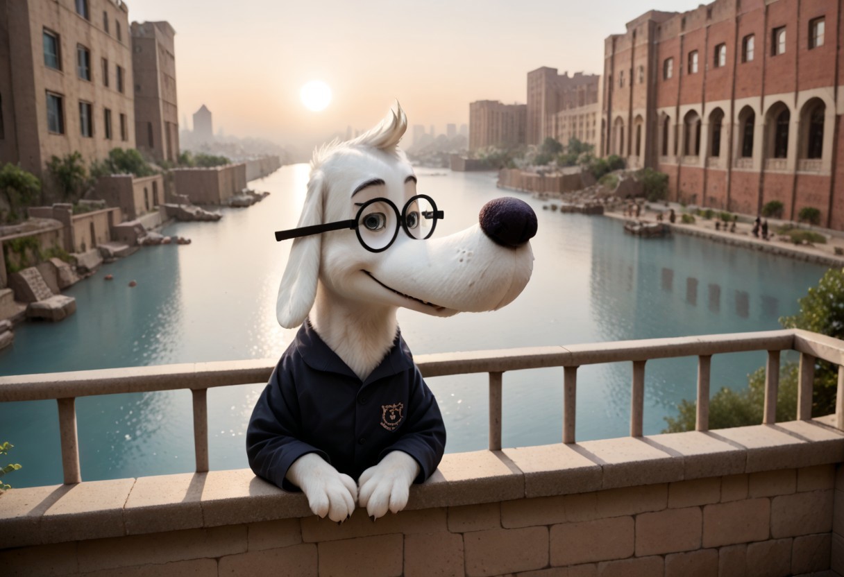 (((Barefoot furry character, cinematic setting, furry male, upper body, correct anatomy))) 
(((Sumerian, scenery, building, city, cityscape, monumental architecture))), view from behind on Mr Peabody standing on the balcony, looking at the sumerian city in front of him, leaning on the railing. Mr Peabody, (((black pajama))), (((white dog))), glasses, small dog snout, tall body, small head, sunset
BREAK, intricate details, highly detailed, extreme detail, octane render, fine art, best quality, highres, (detailed face:1.5), UHD, (((perfect hands))),