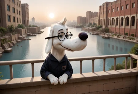 (((Barefoot furry character, cinematic setting, furry male, upper body, correct anatomy)))
(((Sumerian, scenery, building, city, cityscape, monumental architecture))), view from behind on Mr Peabody standing on the balcony, looking at the sumerian city in front of him, leaning on the railing. Mr Peabody, (((black pajama))), (((white dog))), glasses, small dog snout, tall body, small head, sunset
BREAK, intricate details, highly detailed, extreme detail, octane render, fine art, best quality, highres, (detailed face:1.5), UHD, (((perfect hands))),