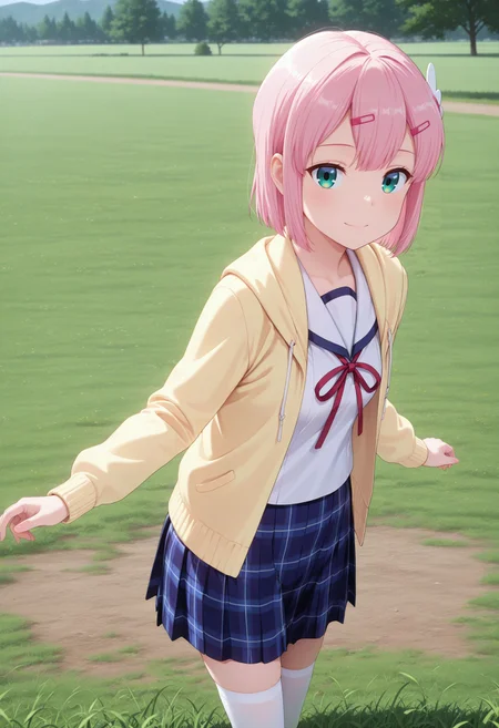 masterpiece, best quality, amazing quality, very awa, looking at viewer,
<lora:Chiyoda Momo v2:1> 1girl, short hair, pink hair, hair ornament, hairclip, green eyes, small breasts, school uniform, sailor collar, neck ribbon, shirt, yellow jacket, open jacket, long sleeves, plaid skirt, blue skirt, white thighhighs,
, outdoor, grass field, smile,