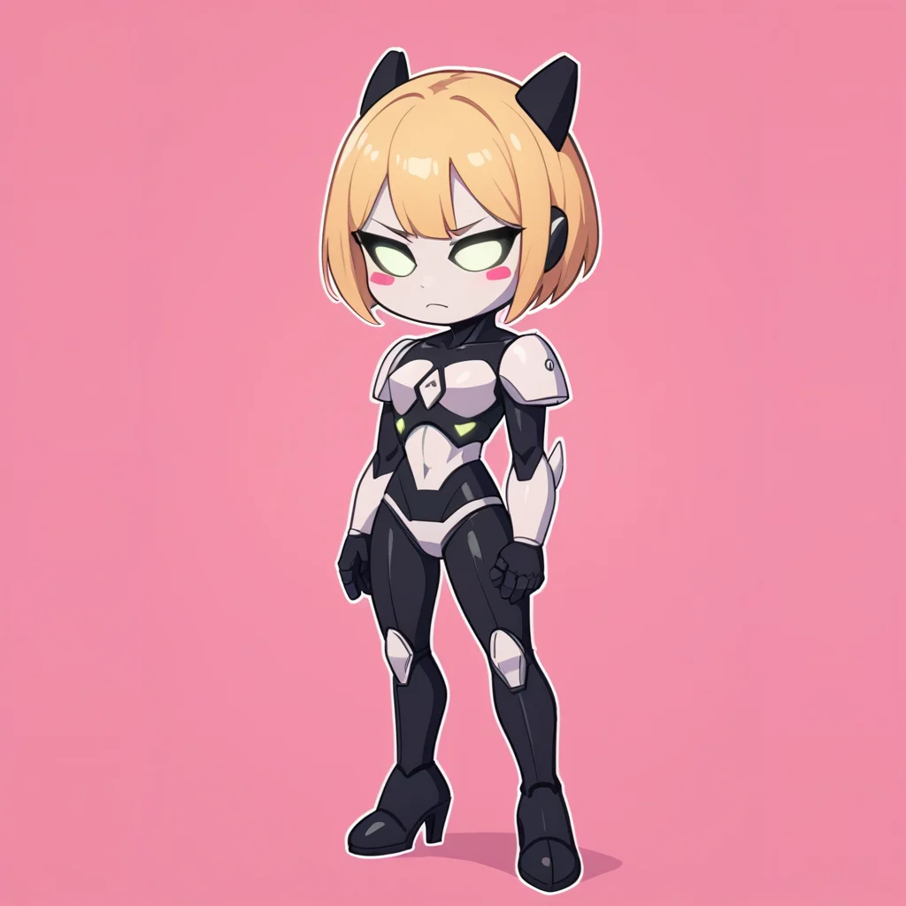 score_9, score_8_up, score_7_up, sticker, ((high contrast:1, white outline:1)), pink background, BC-1 robot, 1girl, noseless, three fingered hand, tiny hands, tiny feet, :3, chibi, solo, 1girl, BC-1 robot, blonde hair, short hair, black gloves, armor, high heel, knee boots, knee pads, halloween costume, BC-1 helmet with wig on top, <lora:BC-1_V2_r1:0.9>