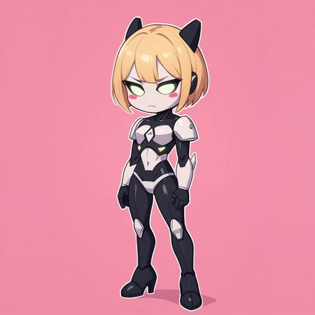 score_9, score_8_up, score_7_up, sticker, ((high contrast:1, white outline:1)), pink background, BC-1 robot, 1girl, noseless, three fingered hand, tiny hands, tiny feet, :3, chibi, solo, 1girl, BC-1 robot, blonde hair, short hair, black gloves, armor, high heel, knee boots, knee pads, halloween costume, BC-1 helmet with wig on top, <lora:BC-1_V2_r1:0.9>