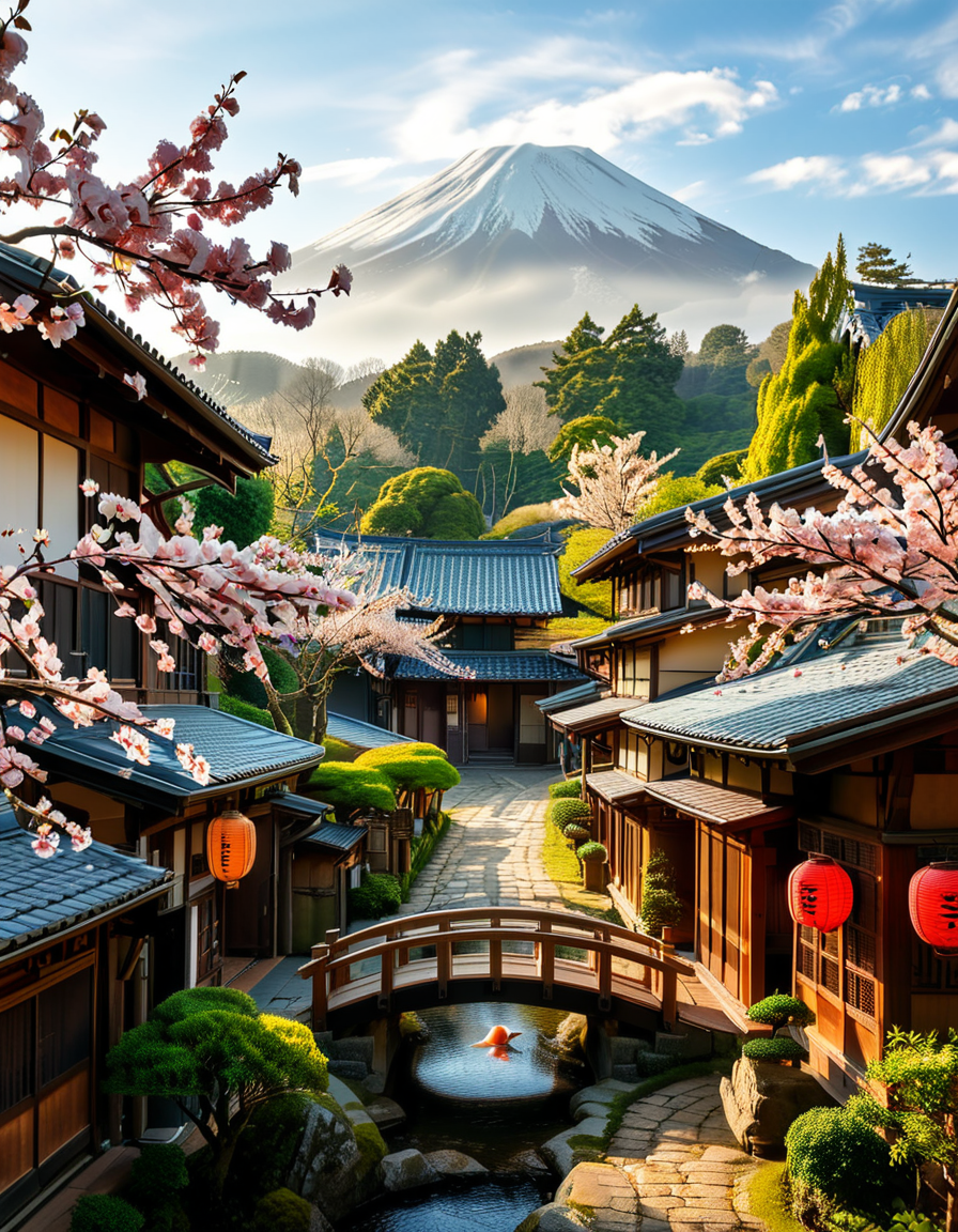 A picturesque traditional Japanese village nestled in a serene valley, surrounded by lush green mountains under a soft morning mist. The village consists of wooden houses with thatched roofs (gassho-zukuri style), showcasing intricate wooden details and sliding paper doors. A narrow stone-paved path winds through the village, leading to a small red torii gate at the entrance of a Shinto shrine. Cherry blossoms in full bloom line the streets, their pink petals gently falling in the breeze. A tranquil river flows through the village, crossed by an old wooden bridge with moss-covered stones. Villagers in traditional kimonos and straw hats go about their daily livesâan elderly man sweeping his porch, a woman carrying a basket of fresh produce, and children playing near a koi pond. The atmosphere is peaceful and nostalgic, with warm sunlight filtering through the trees, casting dappled shadows on the ground. The scene is rich in traditional Japanese aesthetics, evoking a sense of harmony and timeless beauty.
<lora:SDXLFaeTastic2400:0.4> <lora:extremely_detailed:0.4> extremely detailed,<lora:traditional_Japanese_v1ll4g3:1>,traditional Japanese v1ll4g3, Masterpiece,best quality,hi res,8k,hi res,8k,award winning,(sharp focus, intricate, highly detailed),