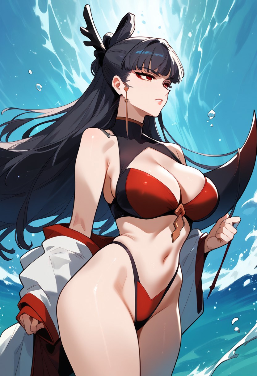 zPDXL3, score_9_up, score_8_up, score_7_up, (Anime_source), 1girl, HuaYuerong, red eyes, black hair, long hair, updo hair, bikini, g thong, red theme, floating hair, seductive, (leaning towards, cowboy shot, waterdrops, particles, water waves)