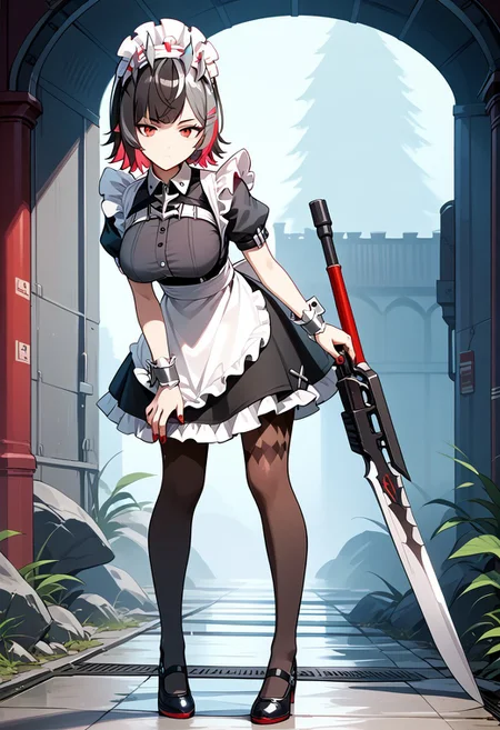 score_9,score_8_up,score_7_up,source_anime,ELLEN_JOE,1girl,solo,breasts,looking at viewer,large breasts,dress,holding,closed mouth,standing,full body,weapon,short sleeves,pantyhose,frills,puffy sleeves,black footwear,holding weapon,nail polish,black dress,streaked hair,apron,collar,puffy short sleeves,black pantyhose,wrist cuffs,maid,maid headdress,leaning forward,red nails,maid apron,