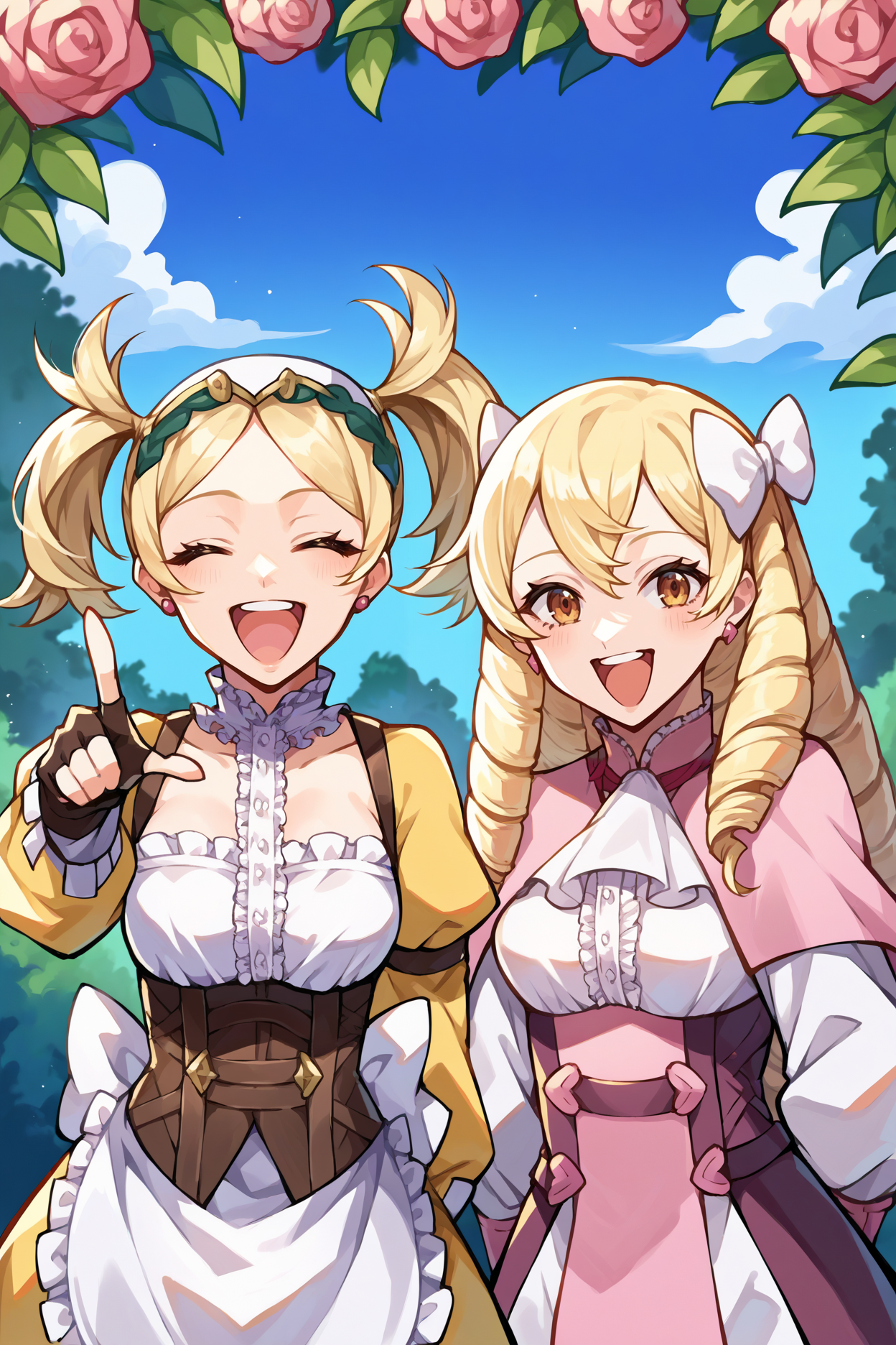 score_9, score_8_up, score_7_up, score_6_up, source_anime, two girls talking, garden, blue sky, looking at you, laughing
2girls,  <lora:felissa-pdxl-nvwls-v1-000005:1> defLissa, blonde hair, twintails, headdress, yellow dress, center frills, corset, white apron, puffy sleeves, fingerless gloves, laughing, open mouth, pointing at you, closed eyes
 2girls <lora:femaribelle-pdxl-nvwls-v1-000005:1> maribelle, blonde hair, long hair, drill hair, hair bow, earrings, pink capelet, ascot, frilled shirt, pink pants, pink gloves, laughing