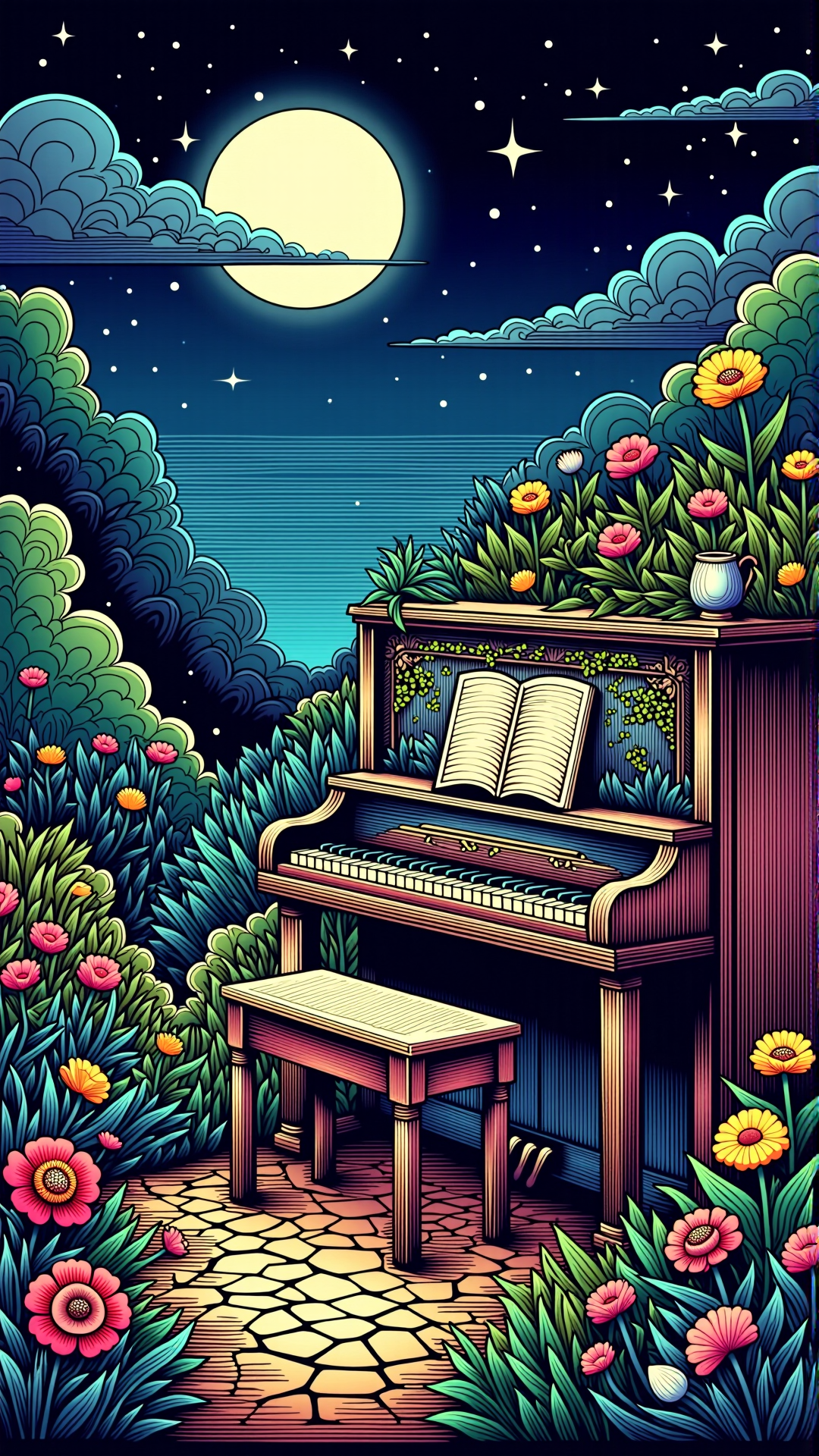 lineart, colorful, A timeworn piano sitting in the middle of a moonlit garden, surrounded by colorful flowers, the moon is halfway hidden behind a few clouds, the piano has a few missing keys, and the bench is slightly crooked, the garden has cobblestone pathways, the atmosphere is serene and peaceful, the colors used are deep blues, whites, and greens, the lighting is dim but warm, the piano has a vintage look with a bit of moss growing on it.<lora:NoctichromeFlux:1>