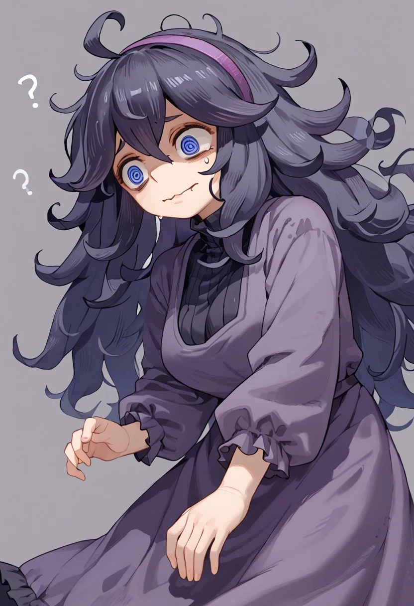 score_9, score_8, score_7, solo, 1girl,
hex maniac, purple dress, long black hair, wavy hair, messy hair, @_@