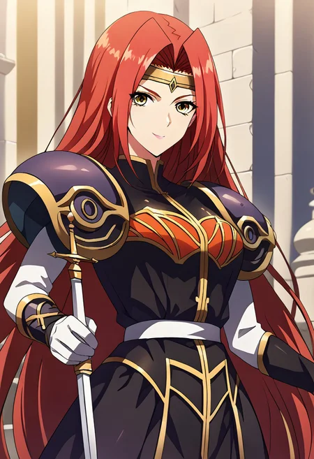 (score_9,score_8_up,score_7_up,BREAK source_anime,(masterpiece:1.2),best quality,very aesthetic,public indecency,absurdres),masterpiece,best quality,very aesthetic,absurdres,intricate details,fantasy,1girl,solo,
<lora:fana_p_v1:1>,fana,sword,circlet,red hair,yellow eyes,very long hair,pauldrons,shoulder armor,armor,
<lora:Fixhands_anime_bdsqlsz_V1:1>,looking_at_viewer,standing,castle,upper_body,face_focus,smile,portrait,, masterpiece,best quality, very aesthetic, absurdres, ultra detailed, high resolution, 4k, extremely detailed CG,