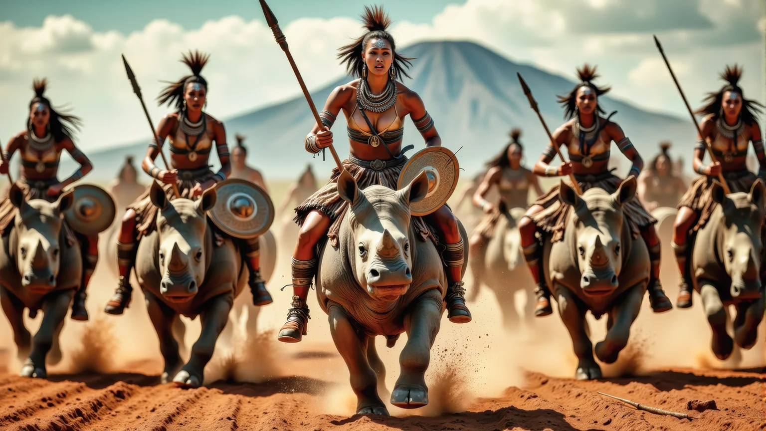 Real photograph of an army of African warrior women, black skin, Nubian, beautiful, breathtaking, athletic, (small breasts:1.4), earrings, necklace, wrist bands, dangerous, fierce, determined, battle hardened, mounted atop angry and ferocious rhinoceros, cavalry charging into battle with spears ready to impale, shields and spears bearing war decorations, fierce angry painted faces full of rage, yelling fierce war cries, African Savannah with mount Kilimanjaro in the background, intricate details, masterpiece, elegant, complex patterns, (full body shot from head to toe:1.6), dramatic and dynamic morning lighting, intense atmosphere, <BaroqueColorful:0.72>