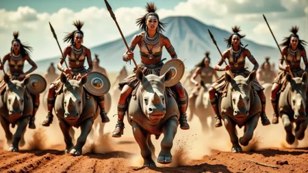 Real photograph of an army of African warrior women, black skin, Nubian, beautiful, breathtaking, athletic, (small breasts:1.4), earrings, necklace, wrist bands, dangerous, fierce, determined, battle hardened, mounted atop angry and ferocious rhinoceros, cavalry charging into battle with spears ready to impale, shields and spears bearing war decorations, fierce angry painted faces full of rage, yelling fierce war cries, African Savannah with mount Kilimanjaro in the background, intricate details, masterpiece, elegant, complex patterns, (full body shot from head to toe:1.6), dramatic and dynamic morning lighting, intense atmosphere, <BaroqueColorful:0.72>