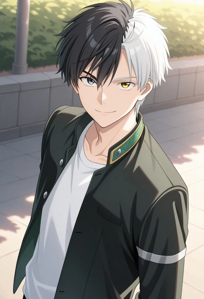masterpiece,best quality,amazing quality, source_anime,
sakuharuka, 1boy, male focus, solo, heterocromia, grey eyes, yellow eyes, split-color hair, black hair, white hair, school uniform, jacket, black jacket, open jacket, shirt, white shirt, smile, looking at viewer, outdoor,