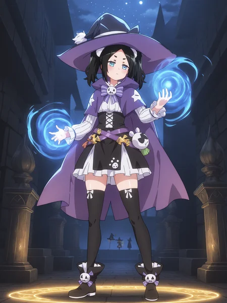 best quality,amazing quality,blue eyes,detailed eyes,solo,anime,<lora:Toxico Dannarv3:1>,toxico dannar,full body,thighhighs,pose,standing,magic,Cinematic Lighting,night,witch hat,witch,