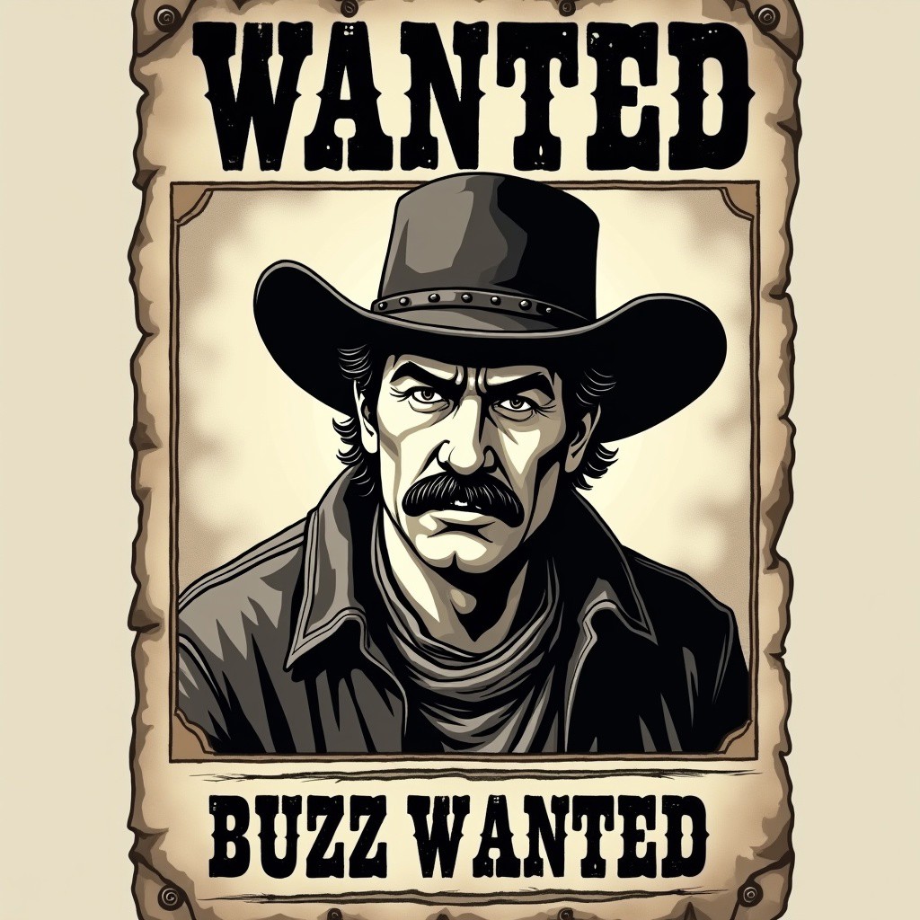Old style western wanted poster, poster says "Buzz wanted", Buzz wanted headline, headline says Buzz wanted, picture of one angry outlaw cowboy on the poster, cowboy hat, dark moustache, dark hair, sepia style, no colors, black and white sepia