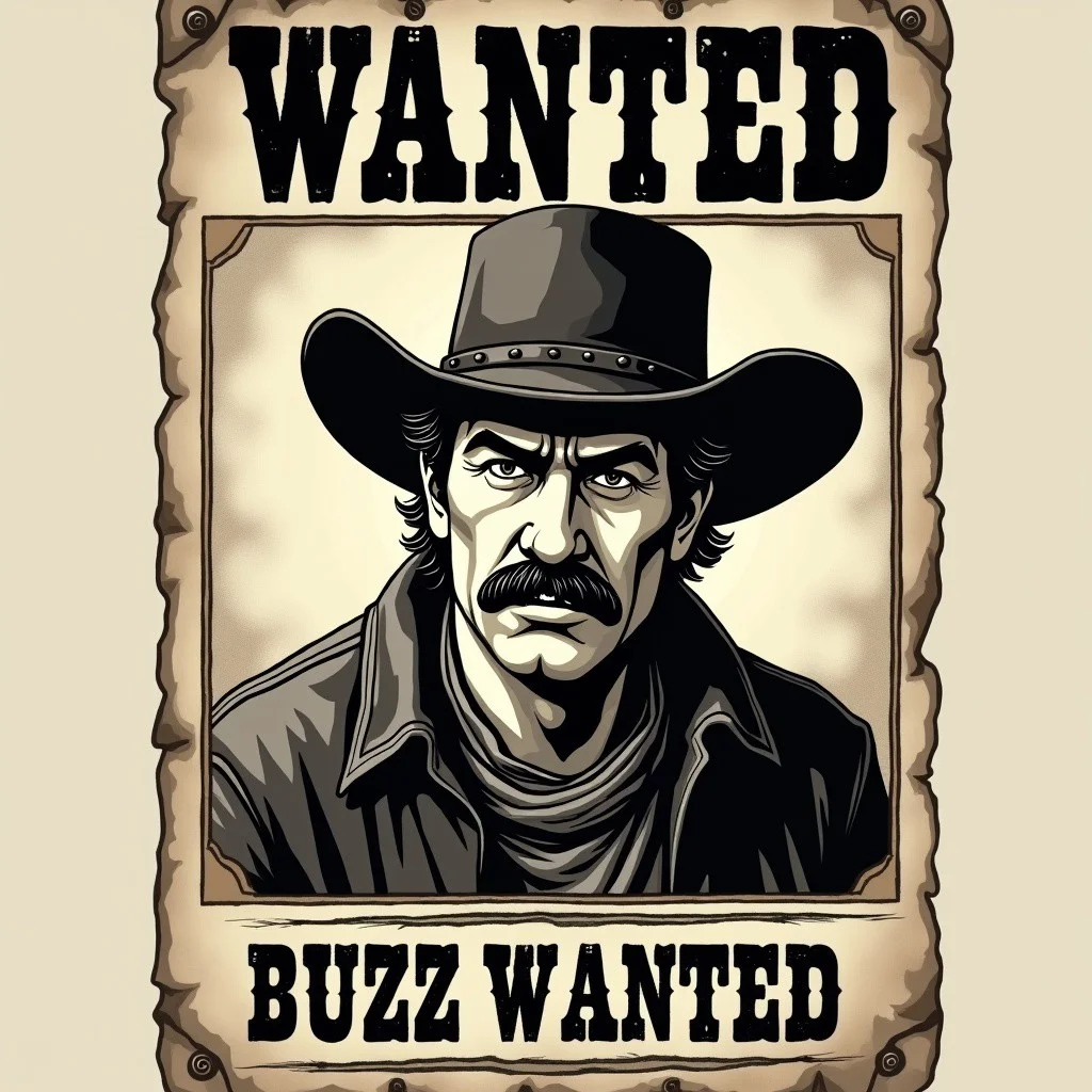 Old style western wanted poster, poster says "Buzz wanted", Buzz wanted headline, headline says Buzz wanted, picture of one angry outlaw cowboy on the poster, cowboy hat, dark moustache, dark hair, sepia style, no colors, black and white sepia