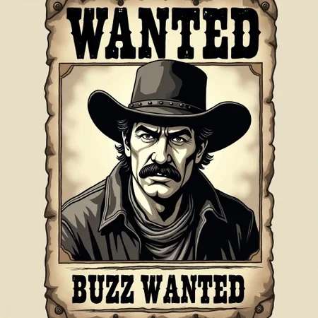 Old style western wanted poster, poster says "Buzz wanted", Buzz wanted headline, headline says Buzz wanted, picture of one angry outlaw cowboy on the poster, cowboy hat, dark moustache, dark hair, sepia style, no colors, black and white sepia