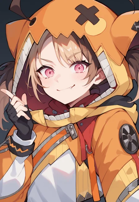 score_9, score_8_up, score_7_up, uncensored, source_anime, 1girl, <lora:spgigiMurinXLPony:1> murin1st, twintails, tail, animal hood, hood up, orange jacket, yellow jacket, striped clothes, black gloves, fingerless gloves, white shirt, black shorts, bike shorts, upper body, smile, faint smile