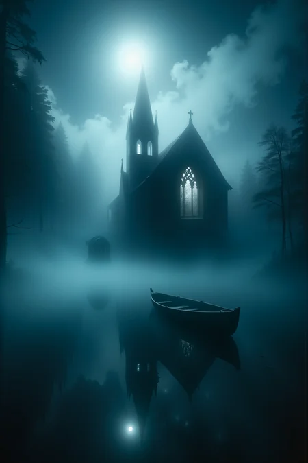 Ghostlystyle,A hyper-realistic portrait, photorealistic photo close-up image of Beneath the surface of a still, fog-covered lake, the faint outline of an ancient, sunken church can be seen, its spires jutting up from the water like ghostly fingers. The lake is deathly quiet, its waters unnaturally calm, with not a single ripple disturbing its glassy surface. At the waterâs edge, a lone rowboat sits half-submerged in the mud, its wood rotting and covered in moss, as though it has been abandoned for centuries. Above the lake, thick tendrils of mist swirl slowly, illuminated by the pale light of a full moon that hangs low in the night sky. The churchâs windows, now broken and dark, seem to glow faintly from within, casting an eerie, pale light that flickers like a dying candle. The air is thick with the smell of damp earth and decaying vegetation, and the faint sound of distant, mournful bells can be heard echoing from the depths of the water. The surface of the lake shimmers slightly, as though something stirs just beneath, but no movement can be seen. The sense of something old and forgotten lingers in the air, as though the lake itself is haunted by the spirits of those long drowned in its depths. (photography, high-resolution, dynamic, energetic,hyper-realistic, dramatic lighting, shallow depth of field.)<lora:FluxGhost-000001>