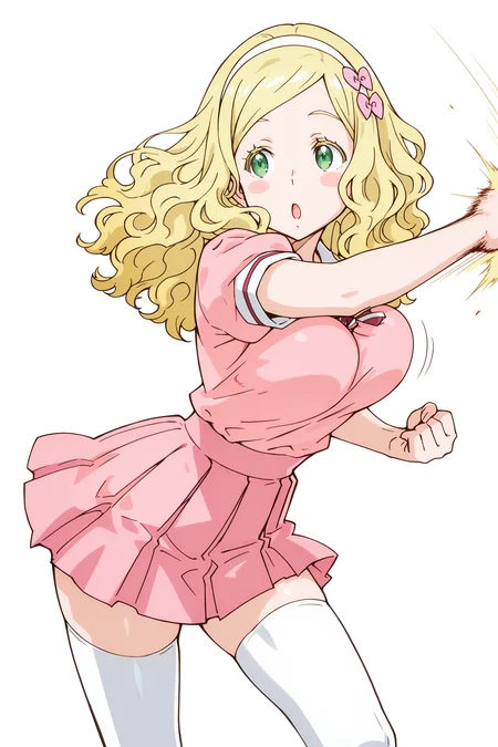 <lora:Carol_Olston:.6>, Carol Olston, Green eyes, blonde hair, blonde eyebrows, large breasts, blush stickers, Pink school uniform, bow, hair bow, hairband, long hair, white thighhighs, skirt, zettai ryouiki,  wavy hair, view from the side, :O, mouth open, fighting pose, girl punching, 
<lora:bouncing-breasts-ponyxl-lora-nochekaiser:1>, bouncing breasts, unaligned breasts, motion blur, motion lines,
<lora:AKinuNishimura_Style:1> NishimuraXL, white background