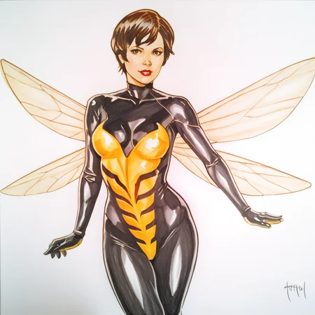 <lora:wasp_pony_v1:1> waspjanet, 1girl, short hair, insect wings, bodysuit, medium breasts, brown hair, traditional media, marker (medium), brown eyes, lips