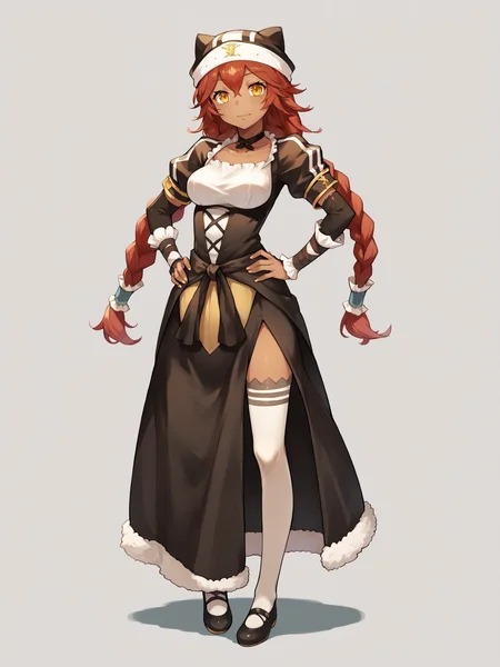score_9, score_8_up, score_7_up, score_6_up, score_5_up, score_4_up, BREAK, source_cartoon, source_anime, 1girl, solo, lupusregina, red hair, long hair, twin braids, yellow eyes, dark skin, choker, dress, hat, white thighhighs, full body, hands on hips, looking at viewer, simple background <lora:LupusReginaXL:1>