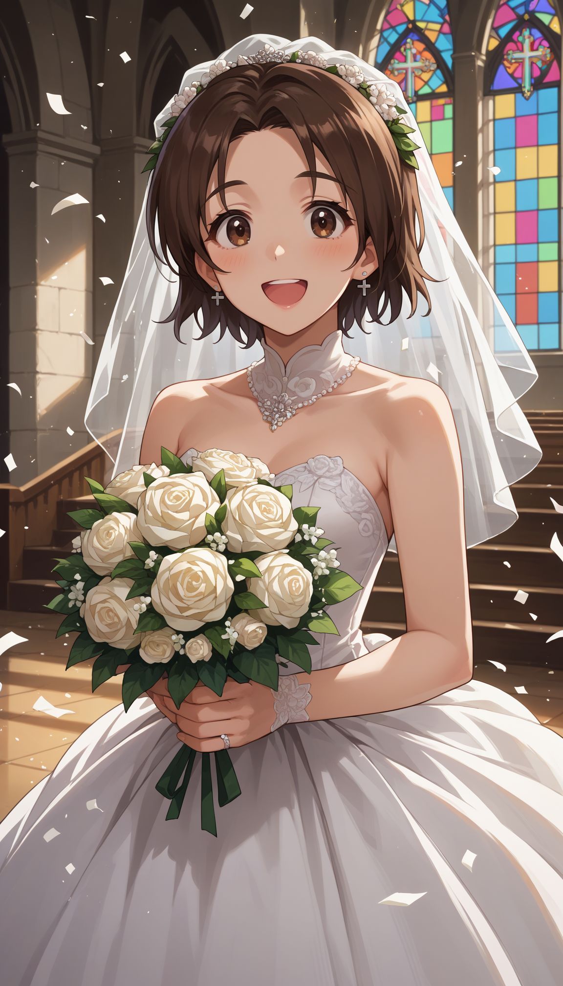 score_9, score_8_up, score_7_up, source_anime,
<lora:Sawa Azusa (girls und panzer):0.8> 1girl, sawa azusa, short hair, brown hair, parted bangs, brown eyes,  wedding dress, veil, church, holding bouquet, (confetti:1.1), smile, open mouth, white dress, wedding dress), indoors,
